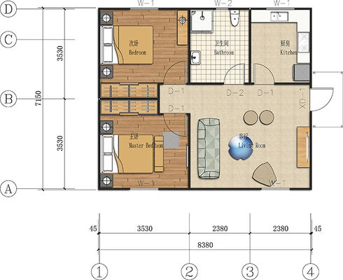 One Layer 2 Bedrooms 60m2 Prefab Modular Homes With Chimney